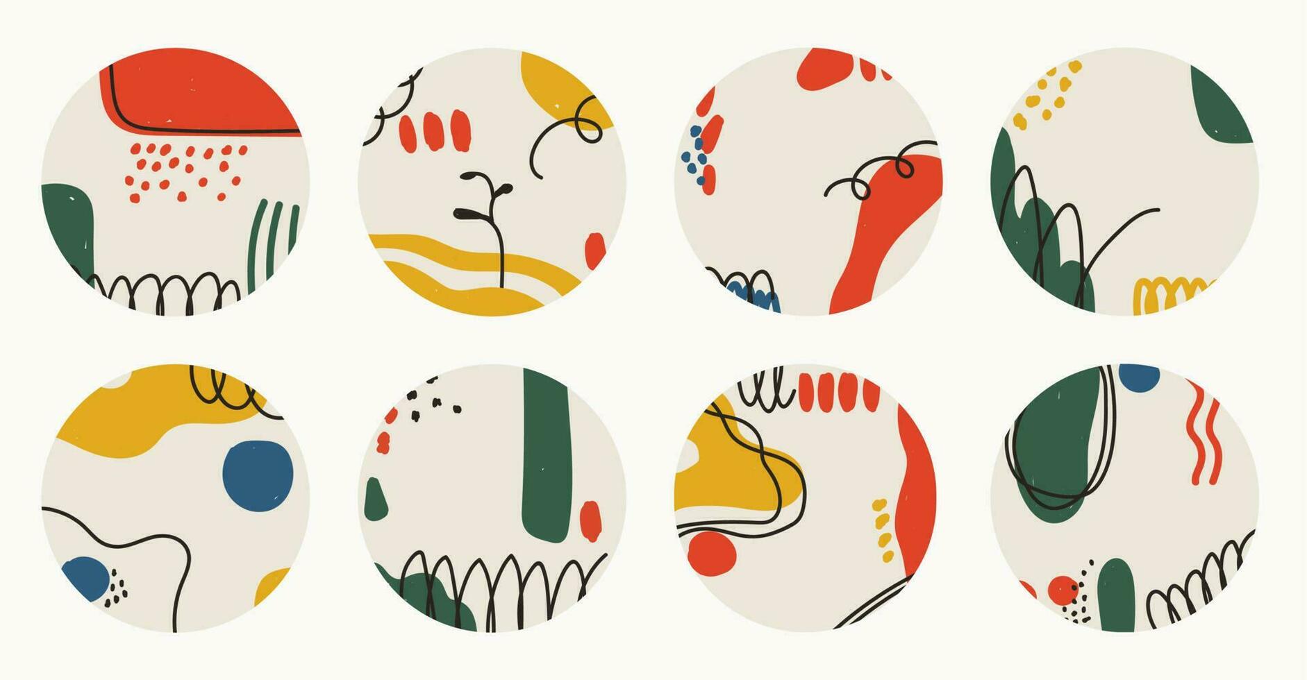 Set of vector abstract round backgrounds. Social media story covers. Modern trendy illustrations in doodle style. Multicolor hand drawn spots and lines.