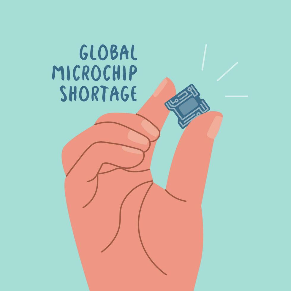 Global microchip shortage. Human hand holds computer chip. Concept of global shortage of microchips for electronics and cars. Vector flat illustration.
