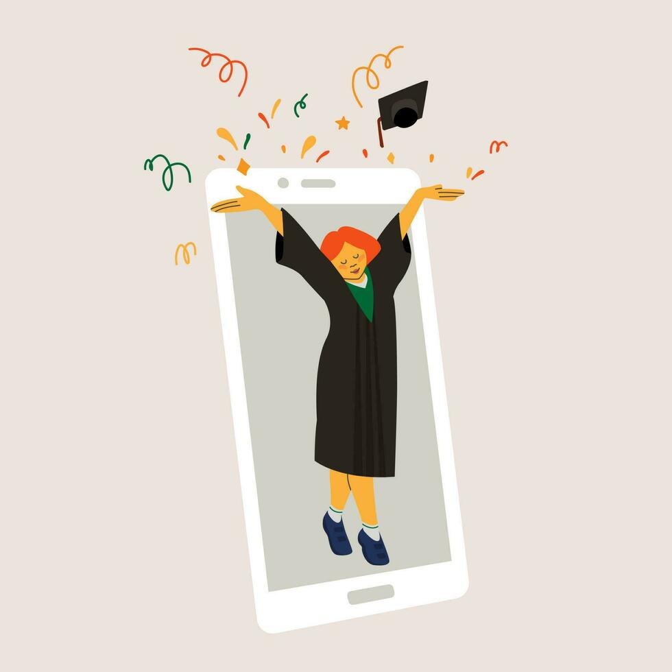 un graduado niña en un manto lanzamientos un sombrero arriba en contra el antecedentes de el contorno de un teléfono inteligente o tableta. aislado vector ilustración de graduación virtual 2021 año.