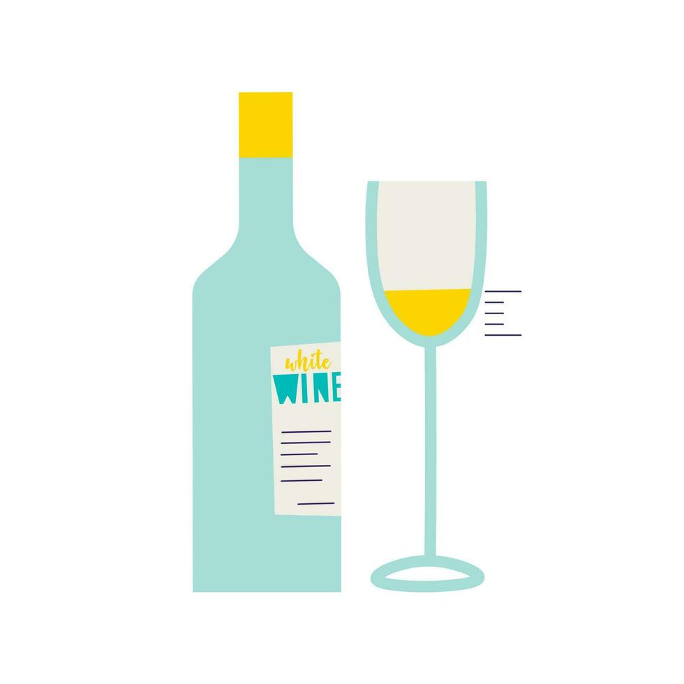 Bottle of white wine. Tasting dose of wine poured into a glass. Vector trendy isolated illustrations for design.