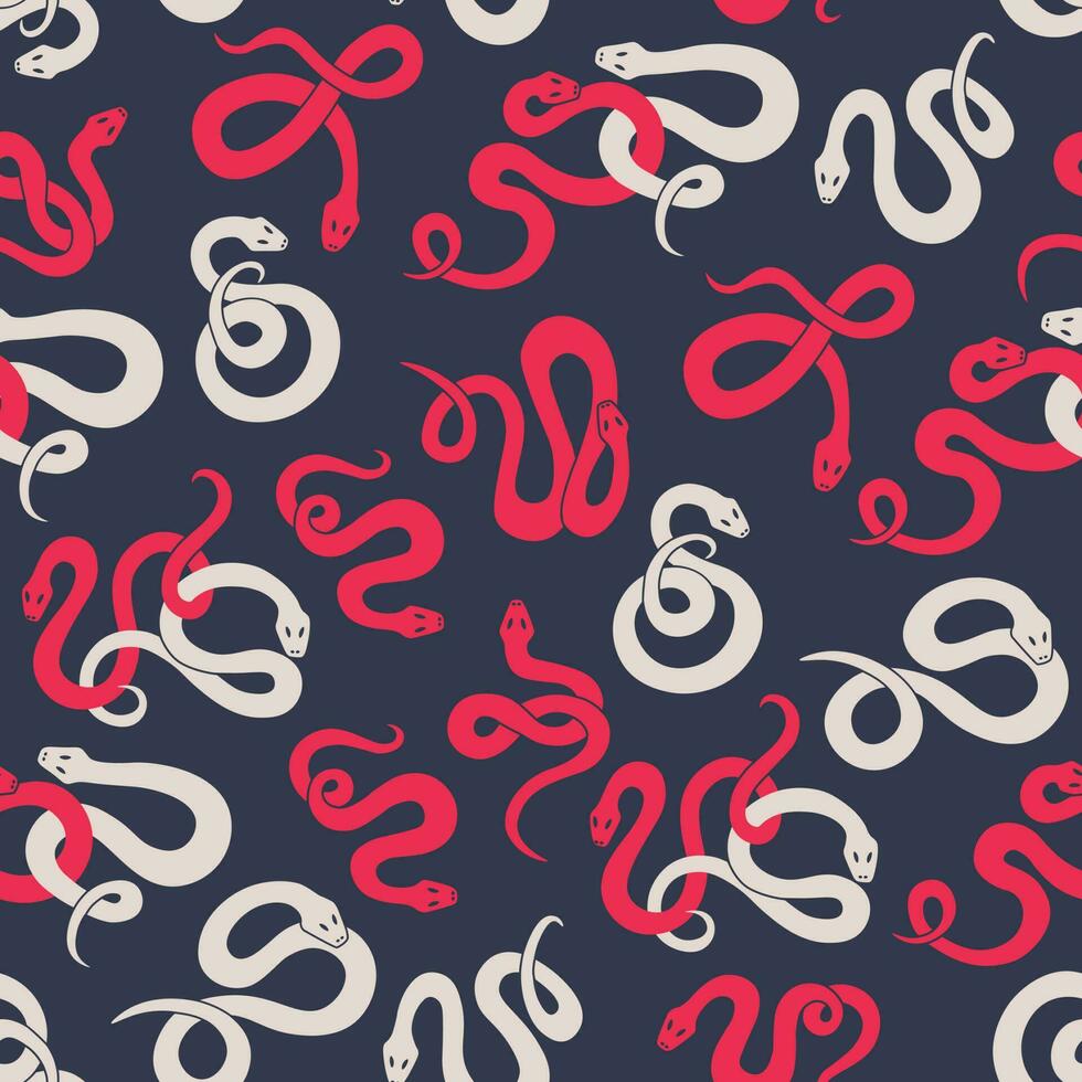 Vector seamless pattern with cute twisted colorful snakes. Pink and white serpents randomly repeating on a dark background.