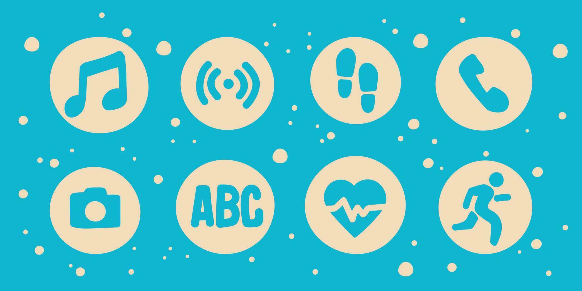 Hand drawn icons of smart watches. Vector set of flat pictures. Music, pedometer, camera, heart rate, phone.