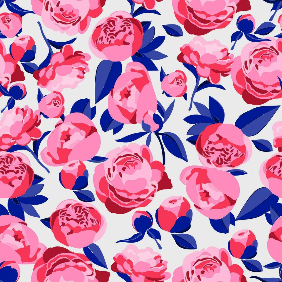 Vector seamless floral pattern. Bright decorative roses, peonies, leaves and bouons. Ideal for printing paper, fabric, wallpaper, tiles.