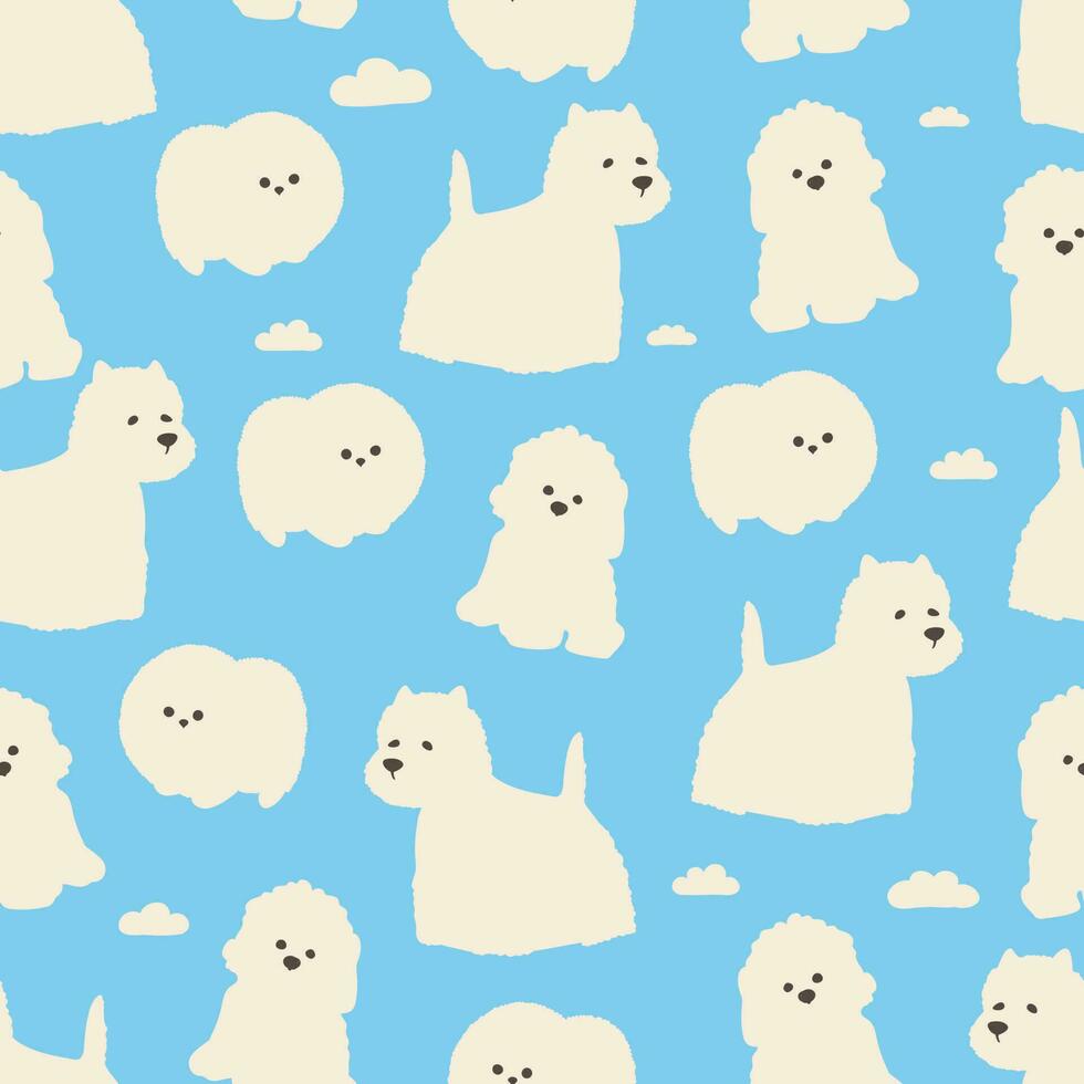 Vector seamless pattern. White dogs with clouds on a blue background. Cute repeating print for textiles, paper, design.