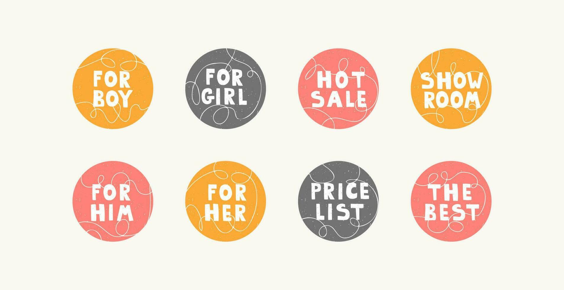 Set of highlight background covers for social media. Round templates with lettering. Icons with text for bloggers, clothing store and commercial business accounts. Vector hand drawing.