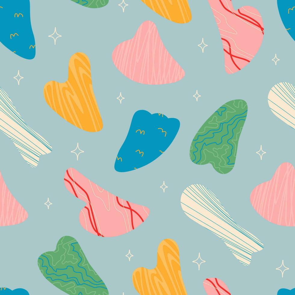 Seamless pattern of a variety of gouache scrapers in different colors and shapes. Stone for face massage. Self-massage tools. Vector repeating pattern for design.