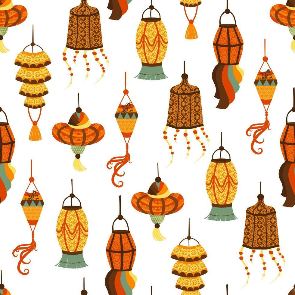 Seamless pattern with various Indian lanterns. Hand painted holiday candles and lights. Asian decorative items. Vector multicolor repeating background.