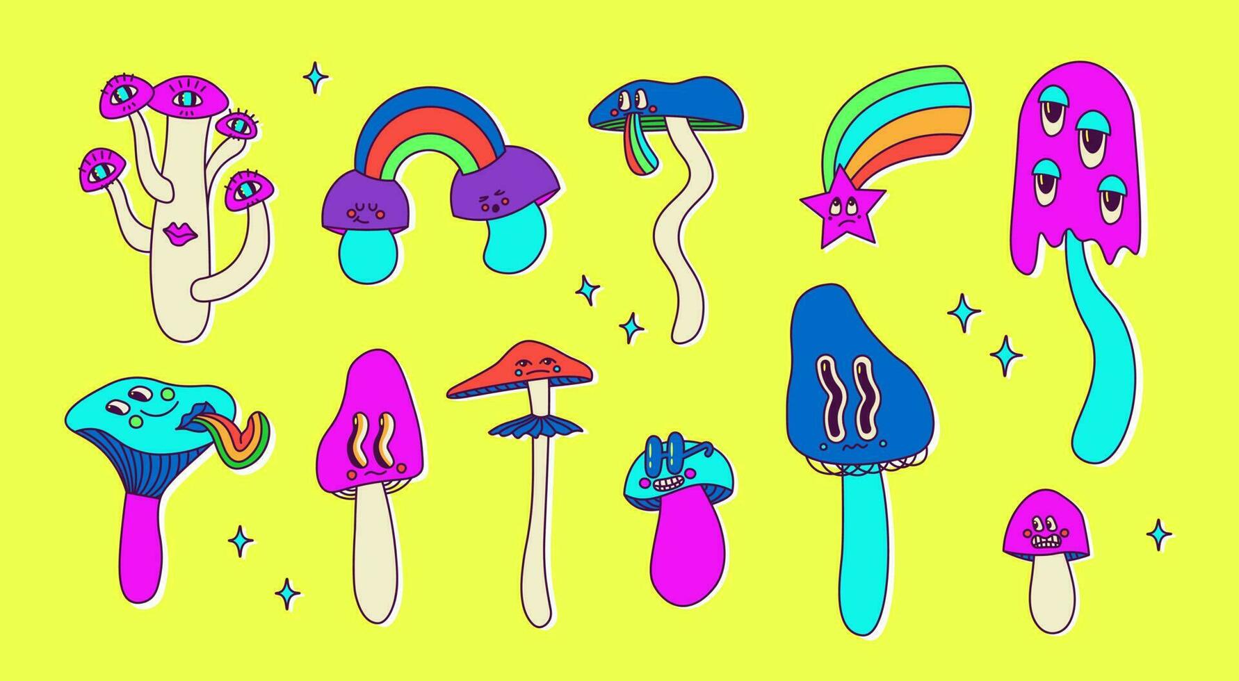 Set of classic psychedelic cartoon mushrooms with faces, eyes, tongues and cheeks. Cute vector neon multicolor illustration for design. Hallucinatory elements, funny and colorful stickers.