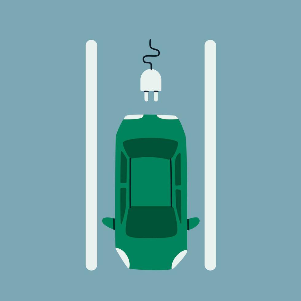 Electric car parking. Passenger car on a parking space for charging, top view. vector