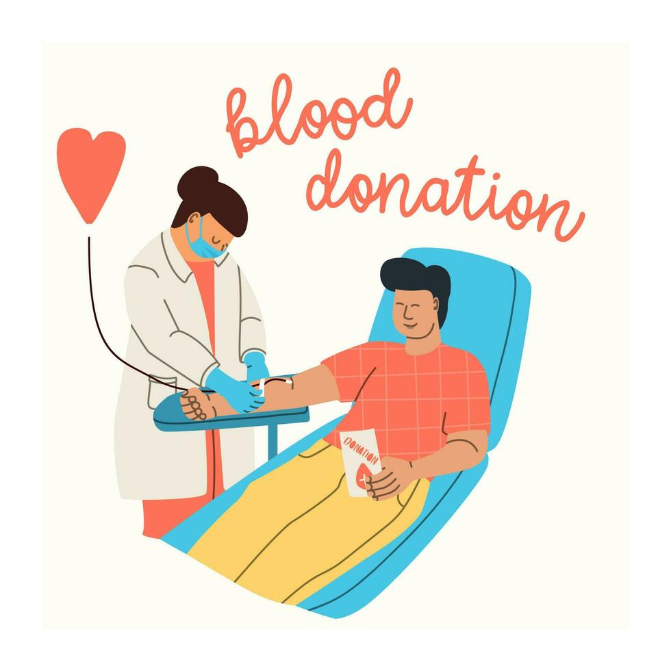 vector ilustración de un hombre voluntariamente donado sangre. un enfermero o médico en un médico uniforme y un protector máscara ayuda a el sangre transfusión estación. plano tendencias personaje.