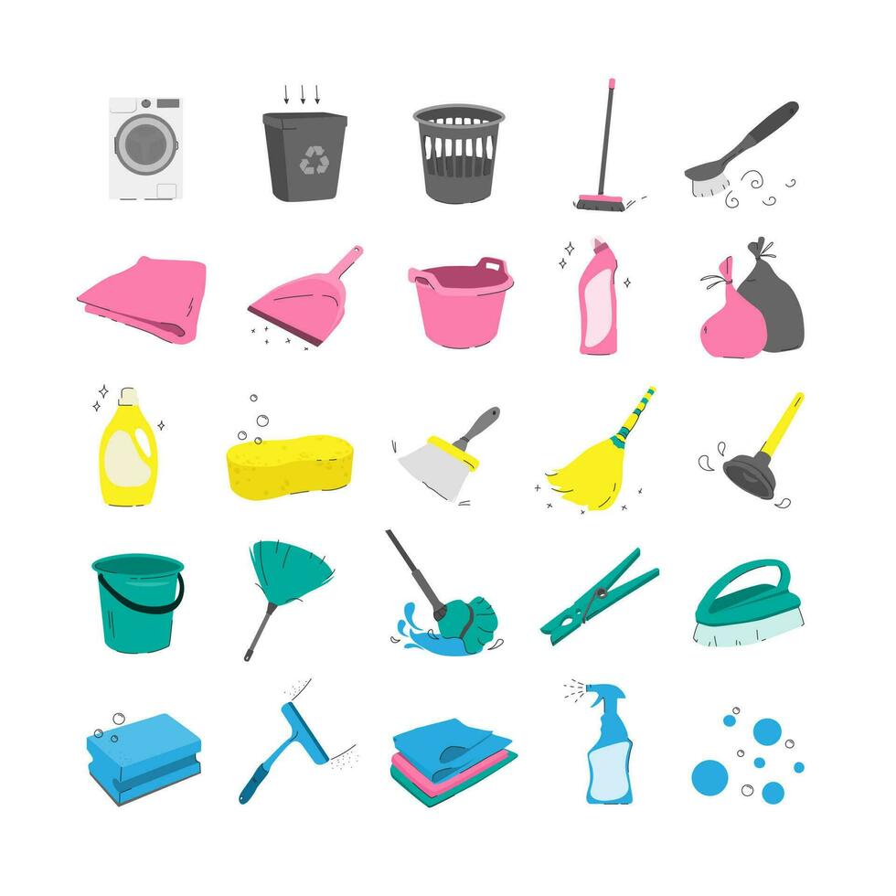 multicolor ilustración concepto de limpieza productos vector aislado iconos Lavado, planchado, limpieza.