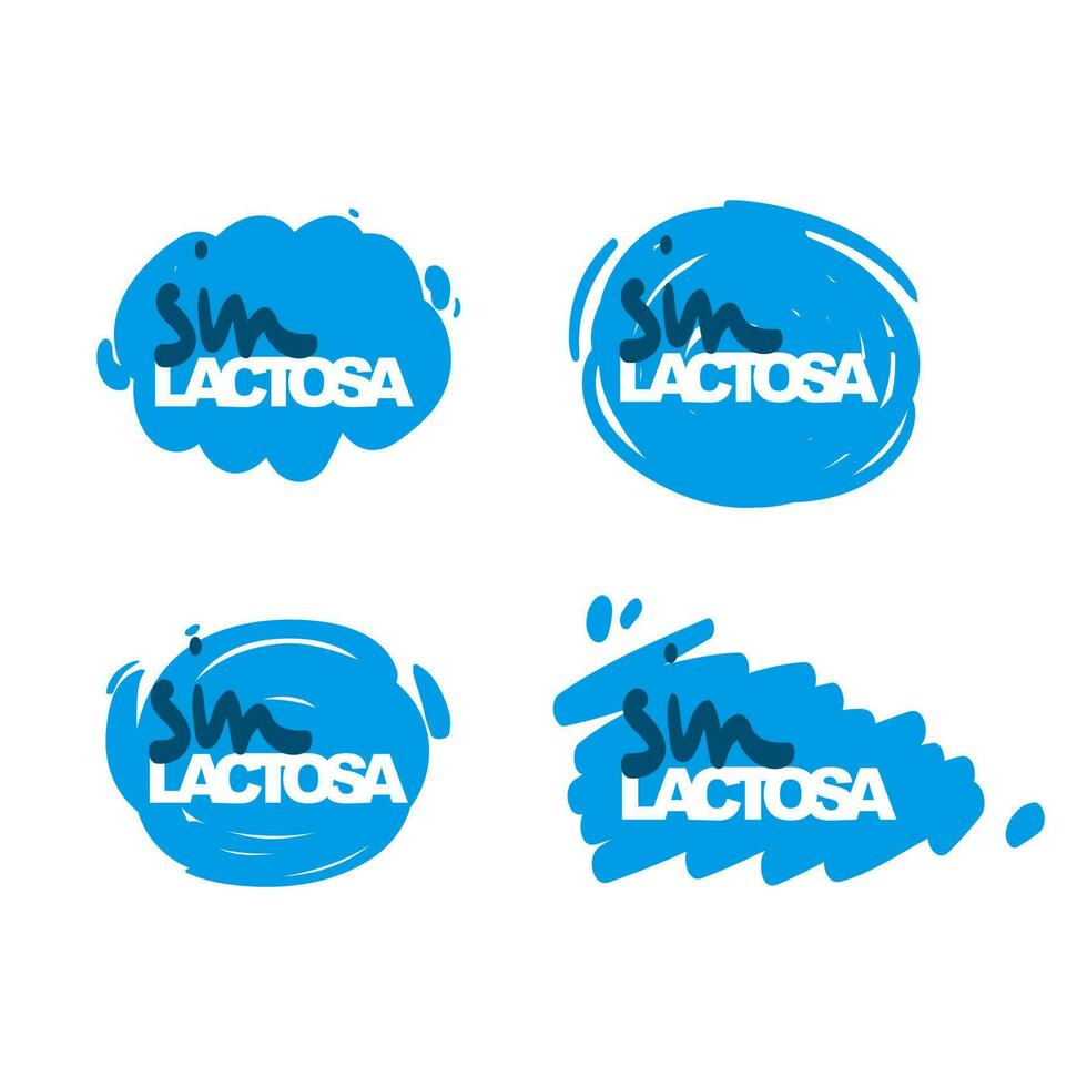 Sin lactosa lettering in Spanish translation is lactose free. Allergic food labels set isolated on white for Hispanics. vector