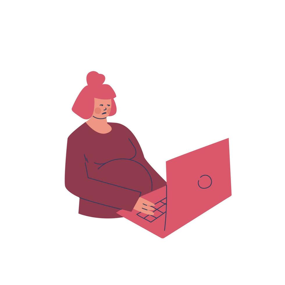 Sad pregnant woman with laptop. Working woman waiting for the baby. Vector cartoon illustration of purple, yellow, pink colors.