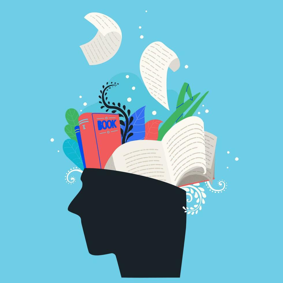 lectura, estudiar y conocimiento concepto. humano cabeza con libros y hojas adentro. vector multicolor ilustración.