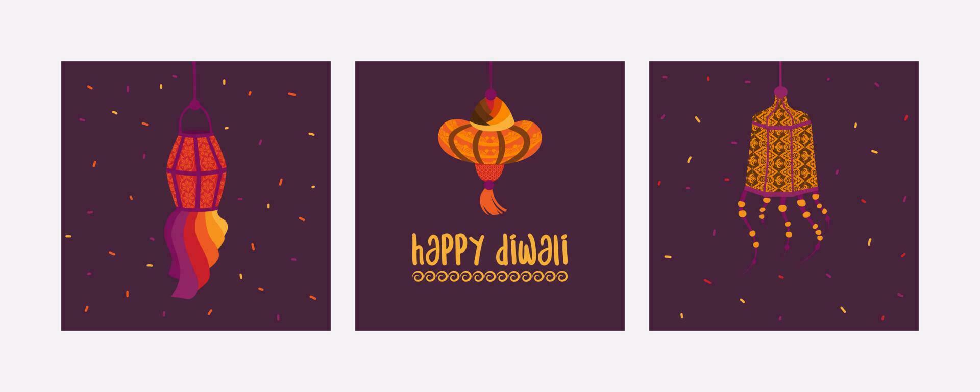 Set of Happy Diwali cards. Indian Festival of Lights. Hand painted holiday candles and lights. Asian decorative element. Vector flat illustrations.
