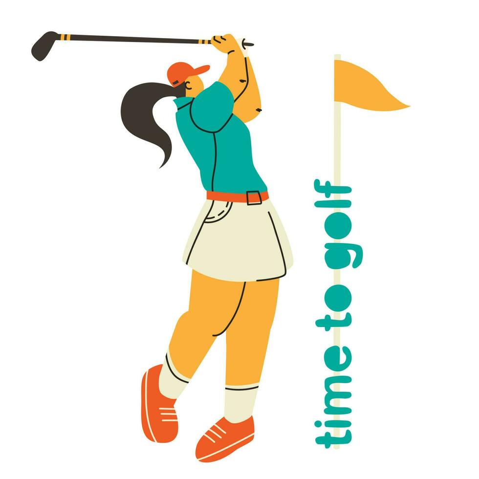 golf jugador aislado. hora a golf, mano dibujado letras. mujer jugando golf. vector ilustración de un personaje en un tendencias estilo desproporcionado gente.