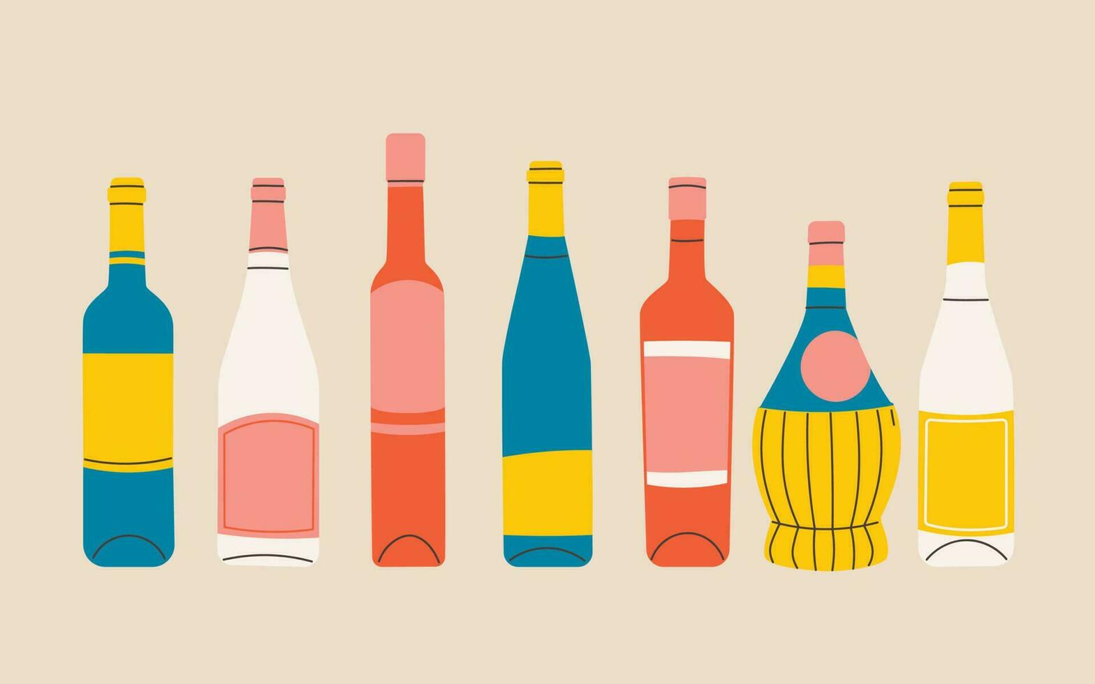 conjunto de vector plano botellas de vino. etiquetas sin títulos ilustración para bar o restaurante menú diseño. azul, amarillo, rojo, blanco.