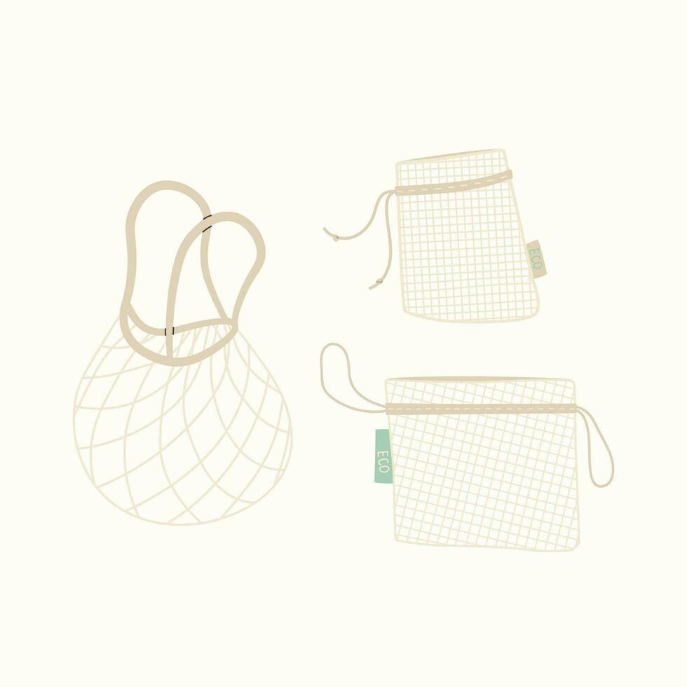 reutilizable malla bolso para frutas y vegetales. Respetuoso del medio ambiente compras bolsa. No el plastico y cero residuos concepto. ilustración en blanco antecedentes. vector