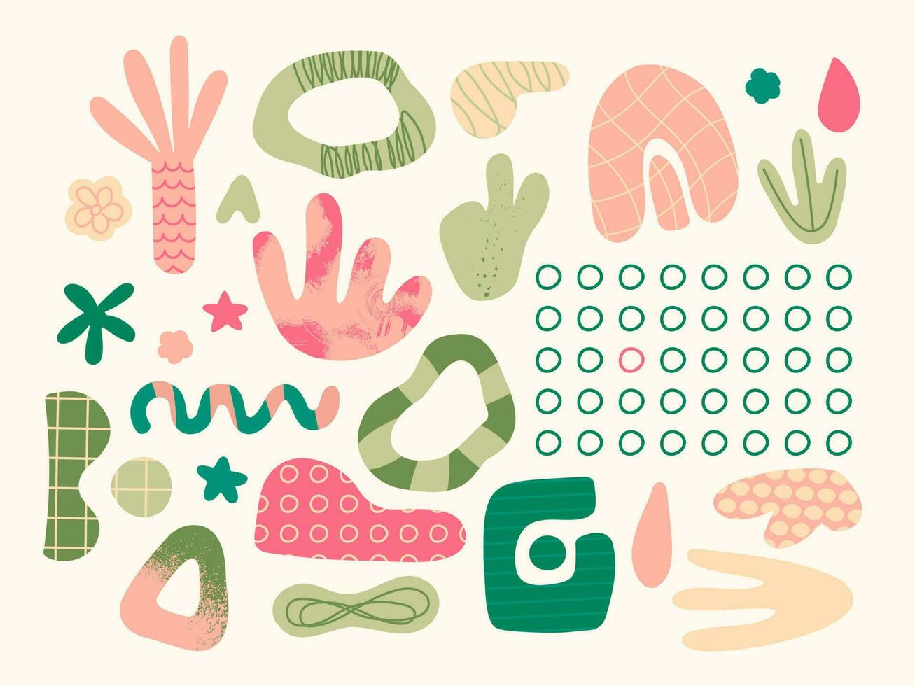 Set of abstract elements of various shapes and doodles. Vector trendy hand drawing objects for design. Pink, green, pastel colors.