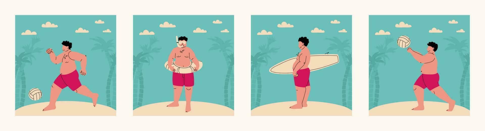 Set of vector illustrations, beach sports and entertainment. Fat man in a swimsuit on the beach with palm trees. Surfing, football, volleyball, swimming. Sport of big people.