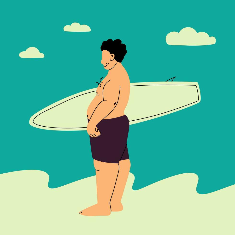 A fat man with a surfboard is on the beach. Chubby and happy surfer. Vector trending flat illustration. Sports plus size persons.