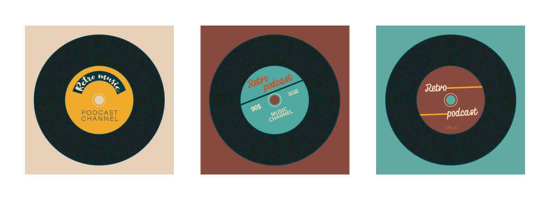 Set of covers for vintage podcast channel. Vinyl record with place for text. Retro style and colors. EPS 10 vector. vector
