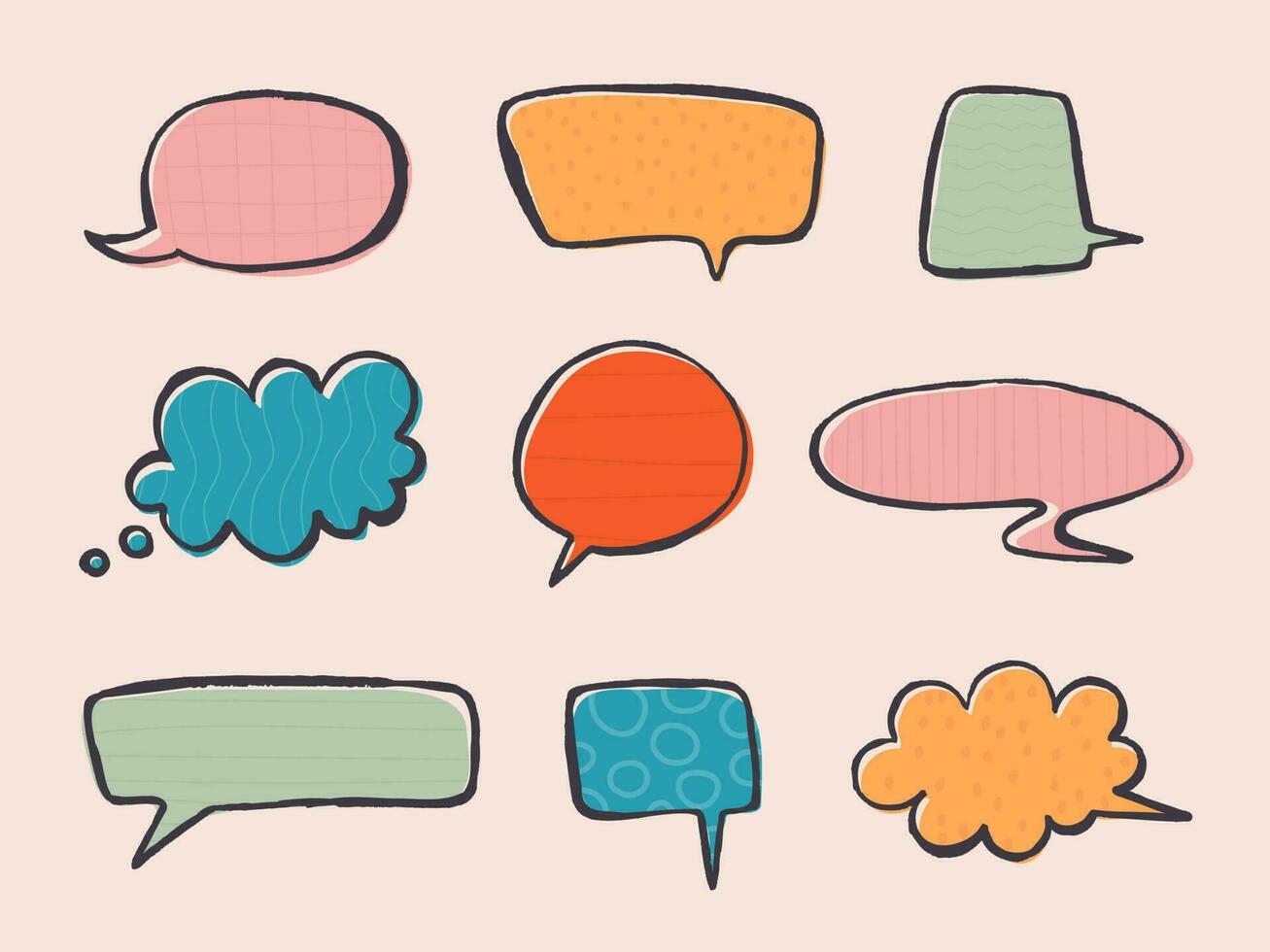 Cute multi-colored dialogue and thought bubbles in different shapes. Vector isolated cartoon illustration for design.