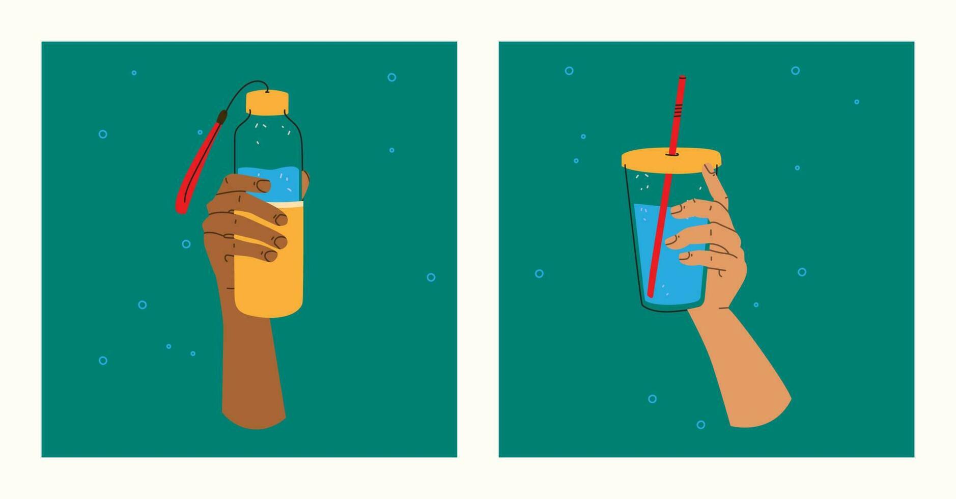 Glass bottle and tumbler with straw. Take your drinks with you. Reusable items for drinking water. Zero waste concept, vector in trendy design style.