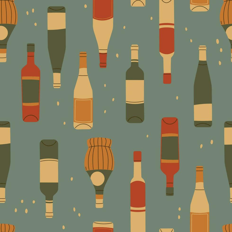 Vector seamless pattern of wine bottles of various shapes and types. Vintage colors, vector illustration for design.