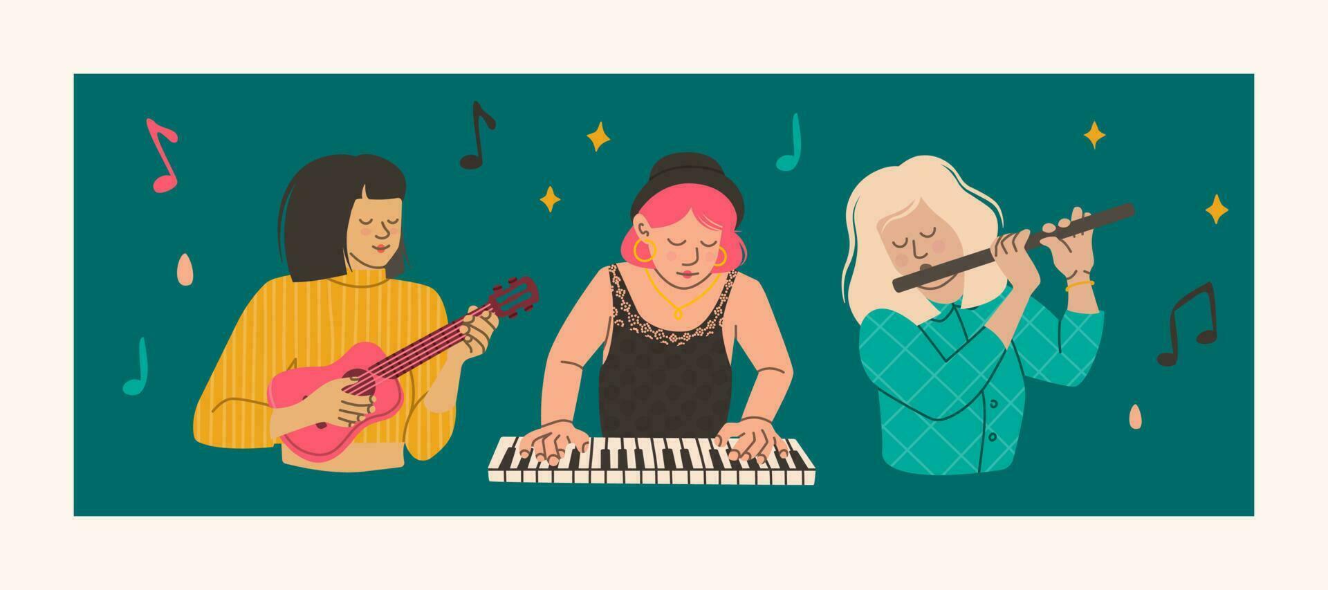 Girls play musical instruments - flute, ukulele, piano. Musical girl-band concept. Women musicians. Vector illustration of trending characters in flat style.