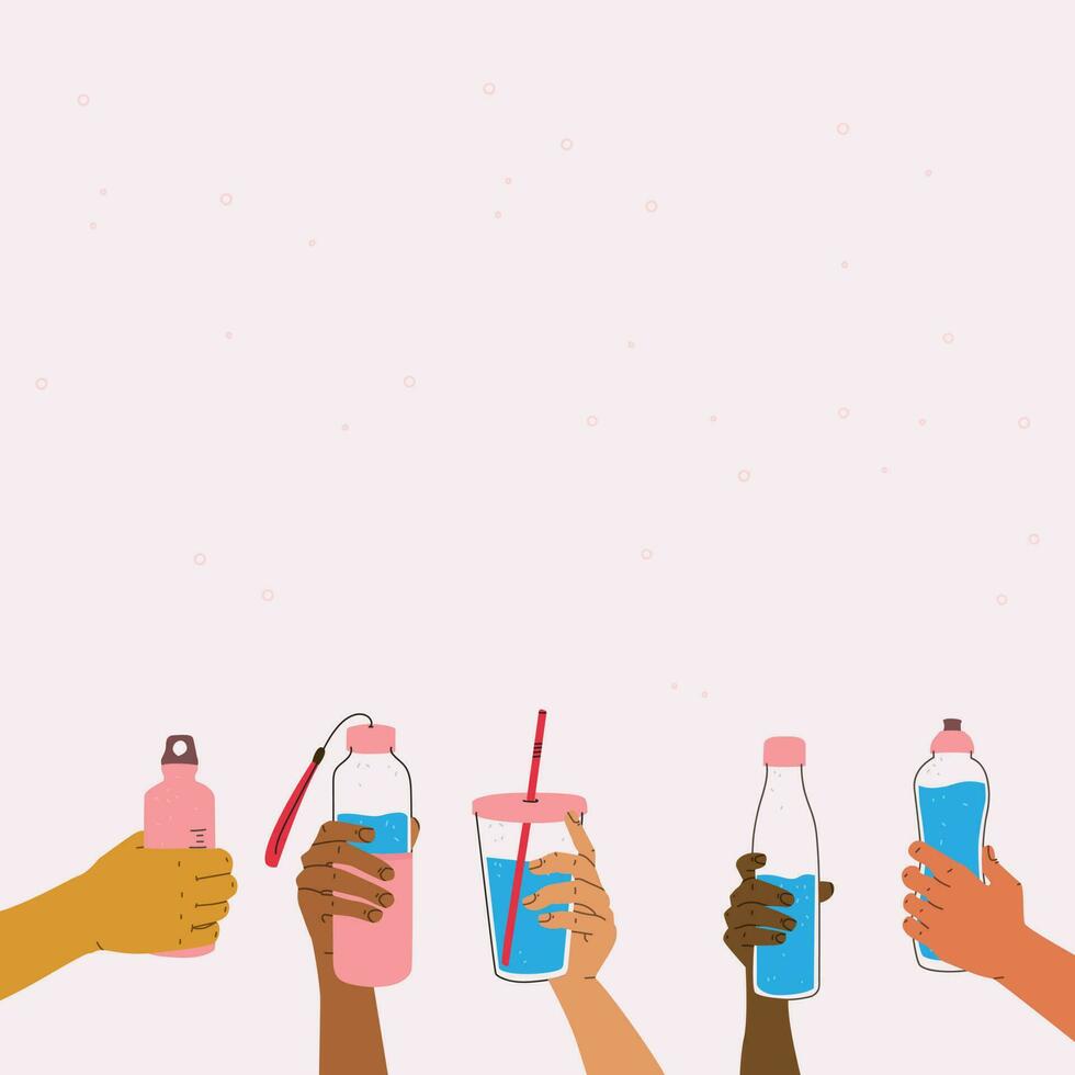 Take your drinks with you. Compulsory daily drinking of clean water. Women's health, nutrition and healthy lifestyle. Illustration of hands with water bottles with copy space for your design. vector