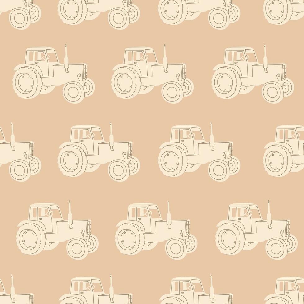 Vector seamless agricultural pattern. Repeating tractor on a beige background.