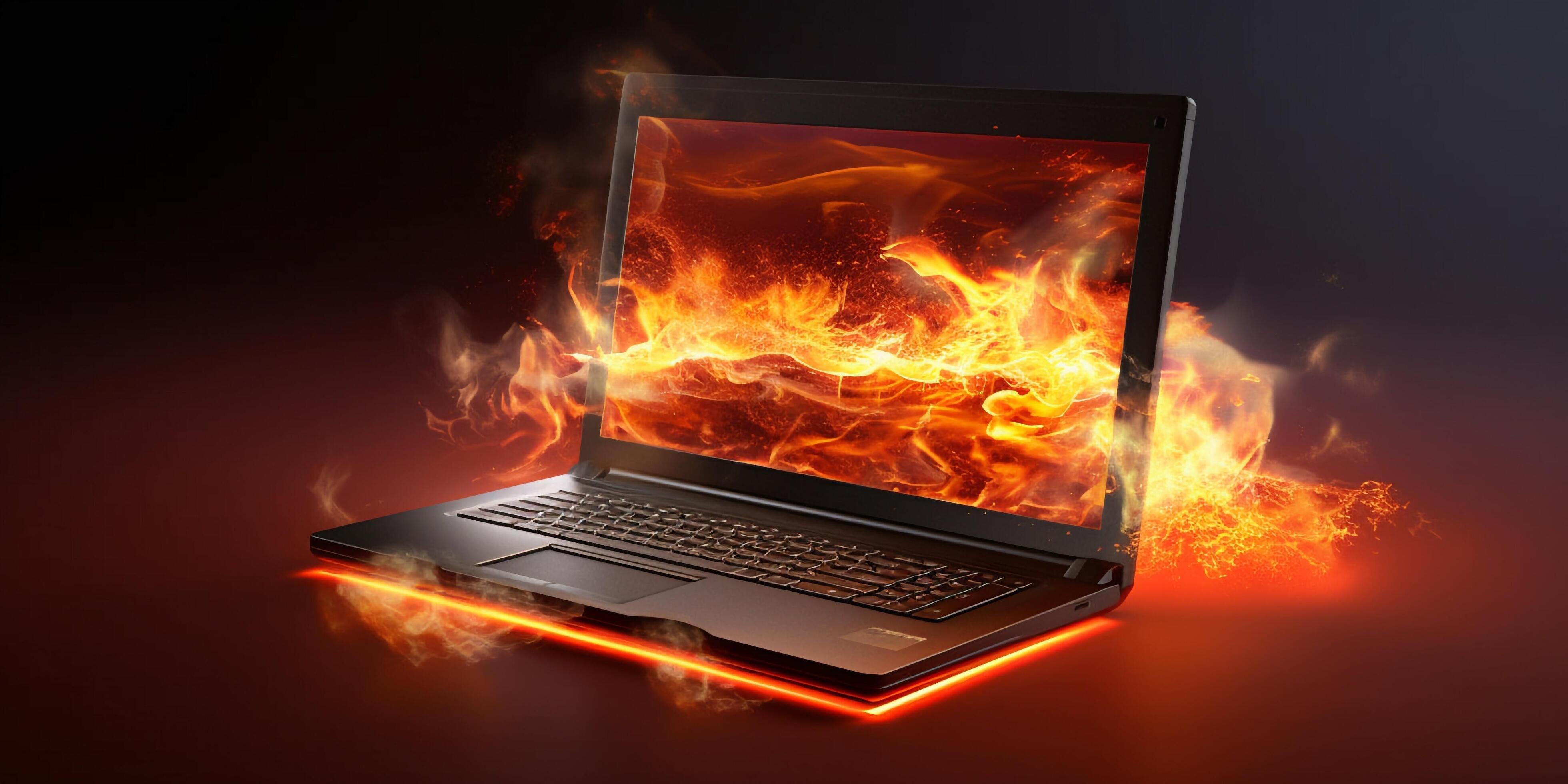 Laptop burning in flames on a dark background with . 23845615 Stock