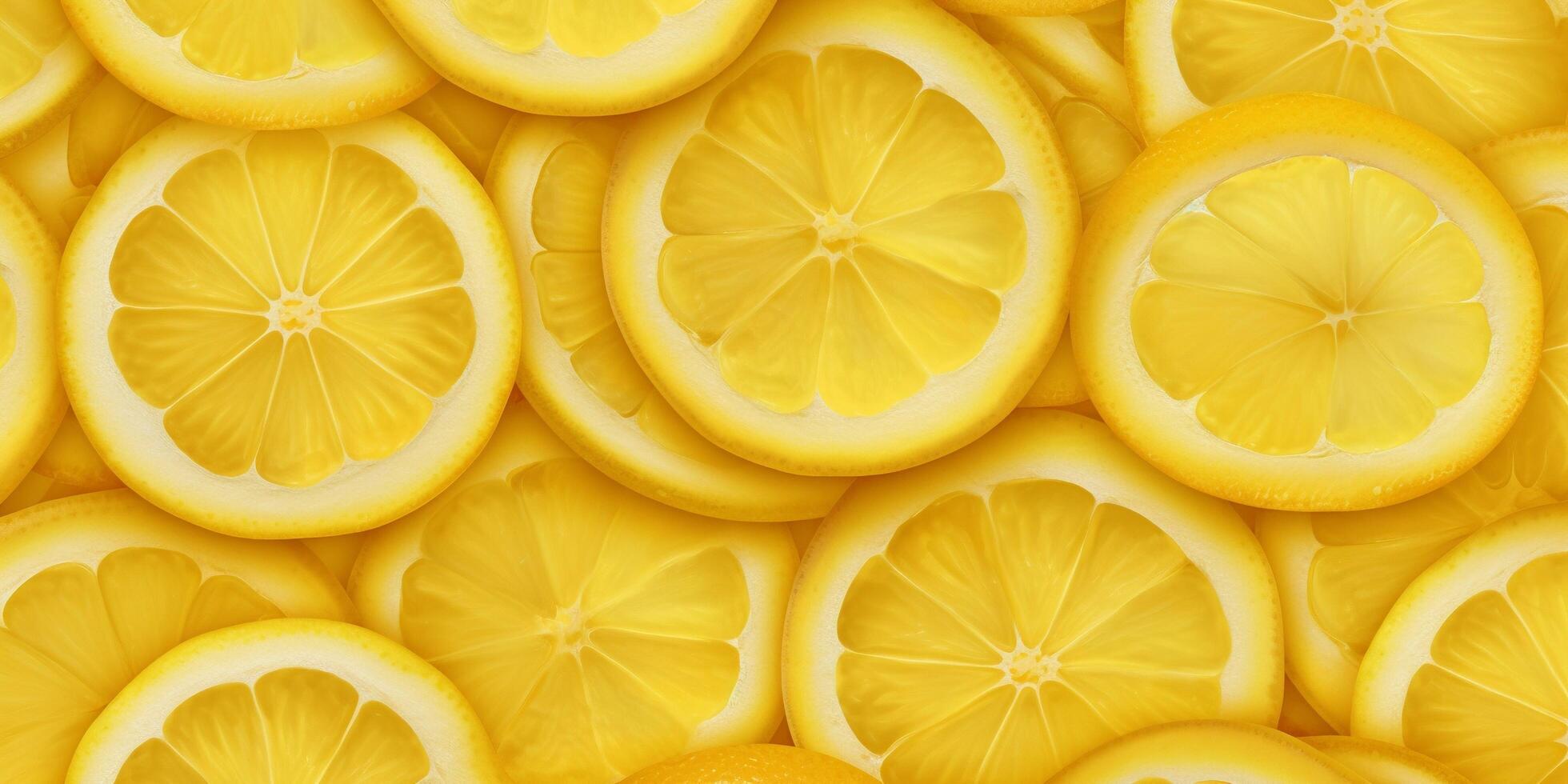 Lemon and lemon slices with leaves on yellow background, top view with . photo