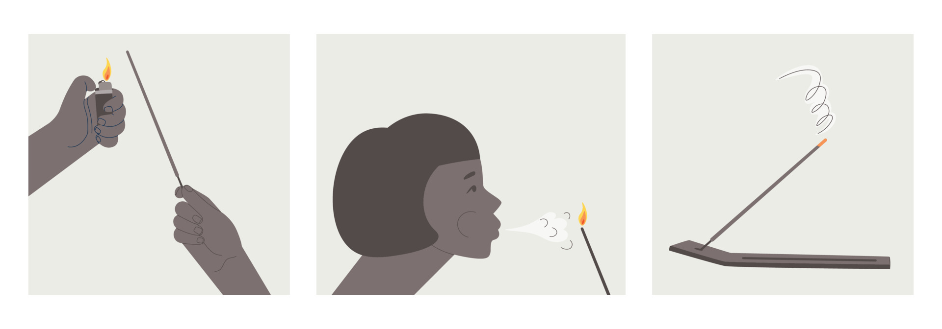 Step by step instructions for incense sticks. How to light and use aromatic incense. Vector flat