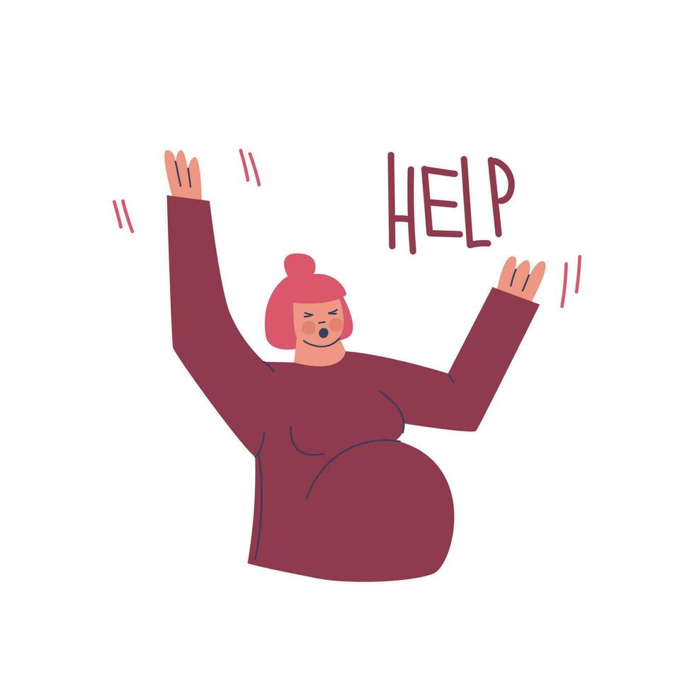 un embarazada mujer olas su brazos y pregunta para ayuda. problemas asociado con esperando un bebé. vector dibujos animados ilustración de púrpura, amarillo, rosado colores.