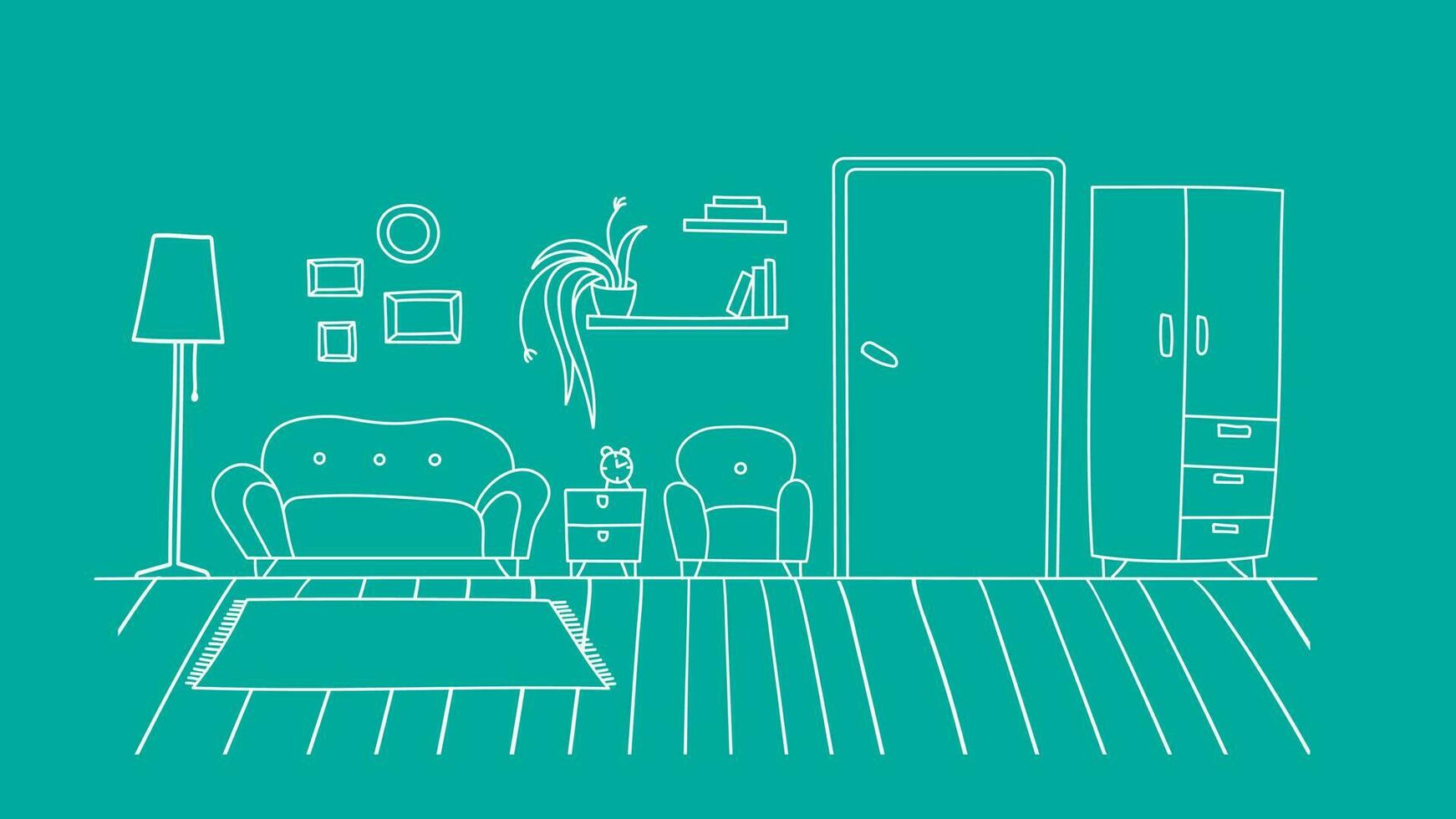 Living room interior flat simple. Linear outlines of furniture. Monochrome vector illustration. Green background, white lines.