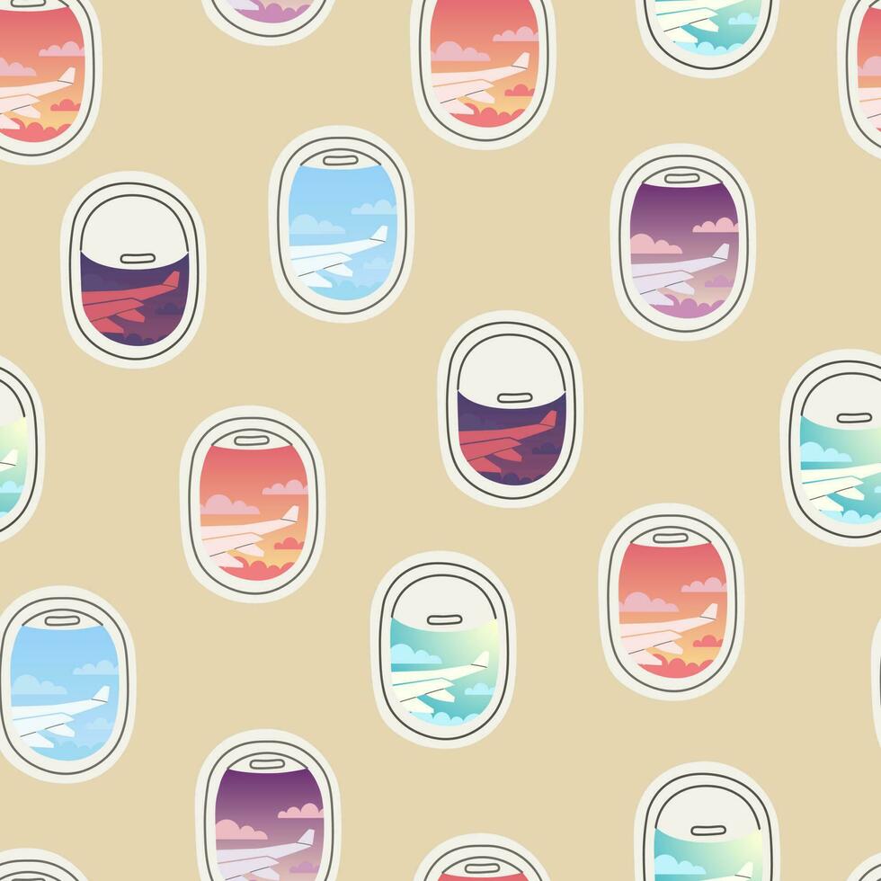 Seamless pattern, view from porthole. Various repeating airplane windows with open and closed curtains. Night, day, sunset and dawn overboard. Airplane wing view. vector