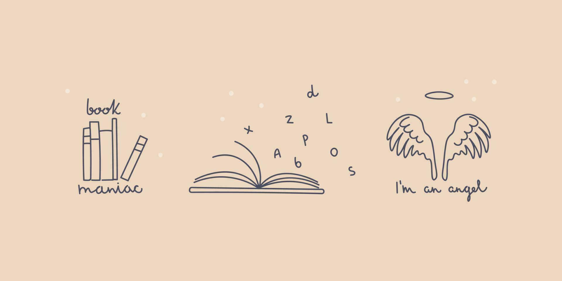 Set of minimalistic design tattoos. A stack of books, an open book with scattered letters, angel wings and a halo. Handwritten lettering. Cute illustration for design. Vector line art.