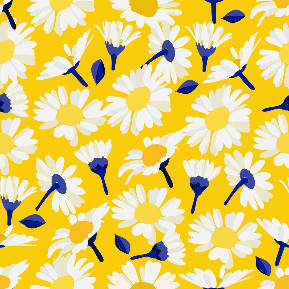 Vector seamless floral pattern. Bright decorative daisies, chamomile, leaves and buds. Ideal for printing on paper, fabric, wallpaper, tiles.