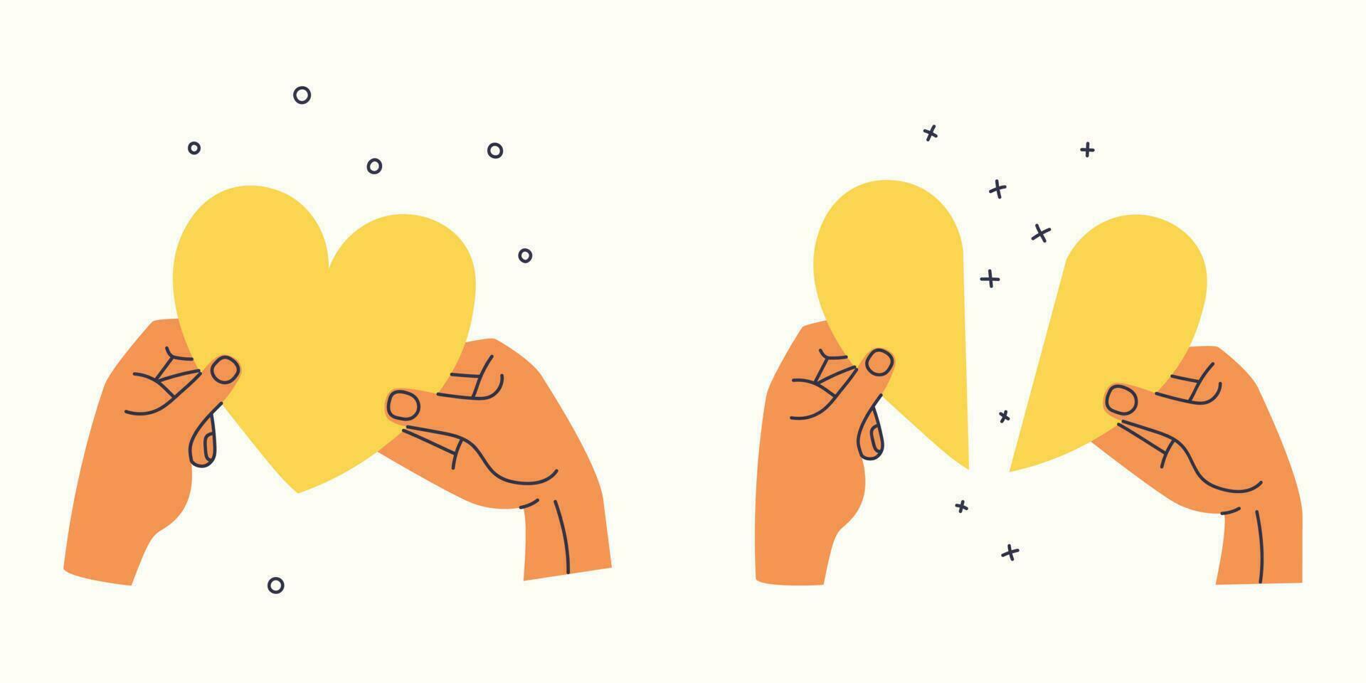Hands holding a heart and two halves of a broken heart. Trendy vector illustration.