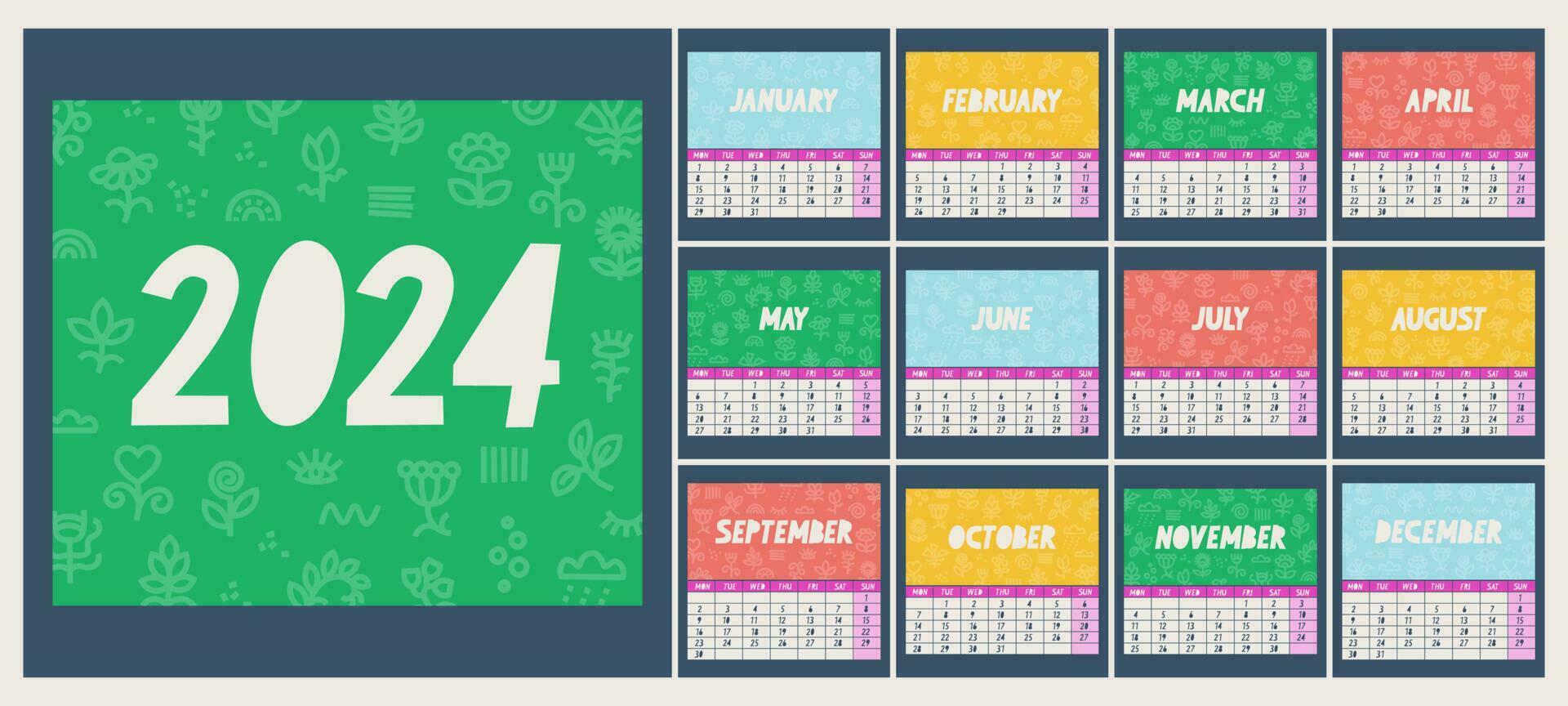 Calendar for 2024. The week starts on Monday. Cover of each month with floral flat print. vector