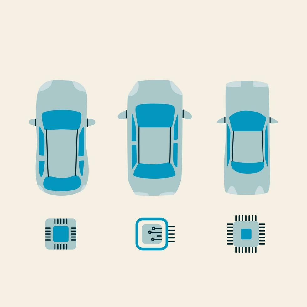 Set of cars with microchips. Car circuit board sign. Semiconductor and computer chip supply chain shortage. Vector flat illustration.