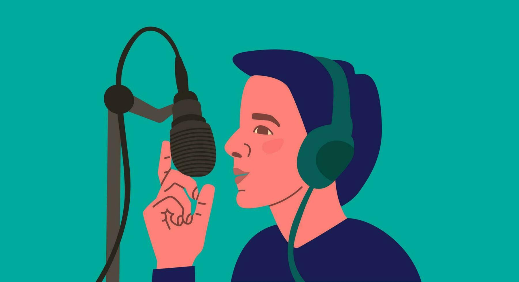 un hombre o un joven chico con un micrófono, vistiendo auriculares. vector plano ilustración de podcaster serpentina.