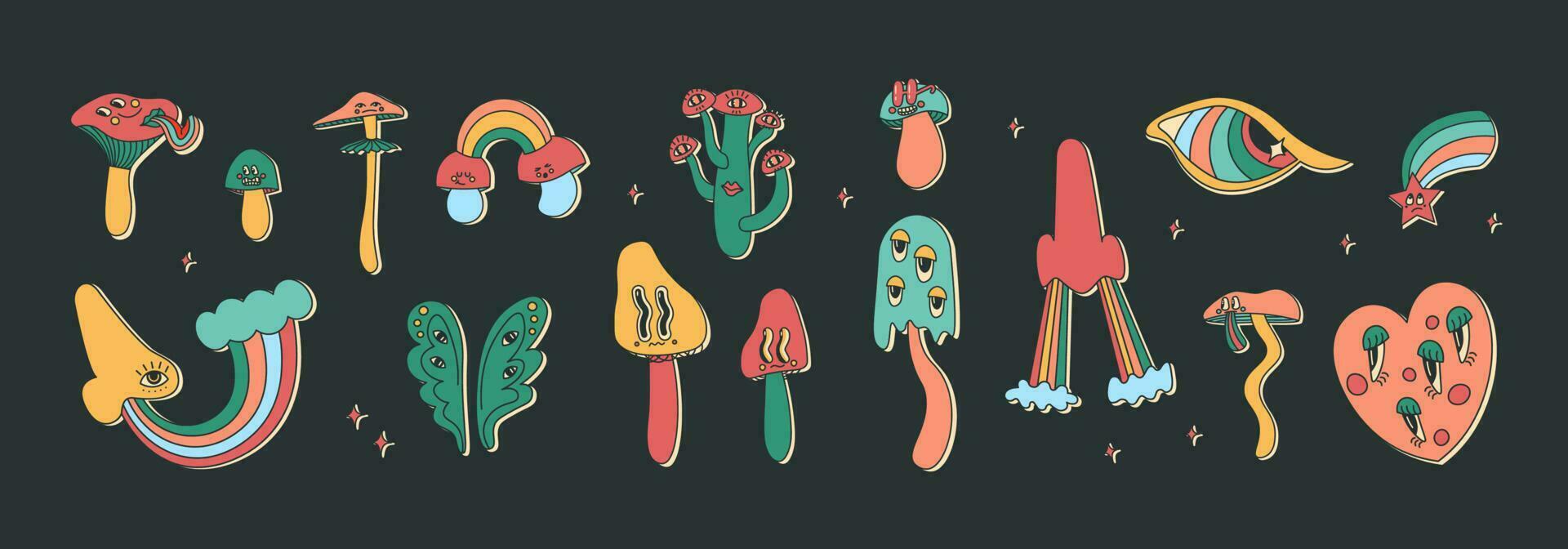 Set of classic psychedelic cartoon mushrooms with faces, eyes, tongues and cheeks, nose and eye with rainbow. Cute vector multicolor illustration for design. Hallucinatory elements.