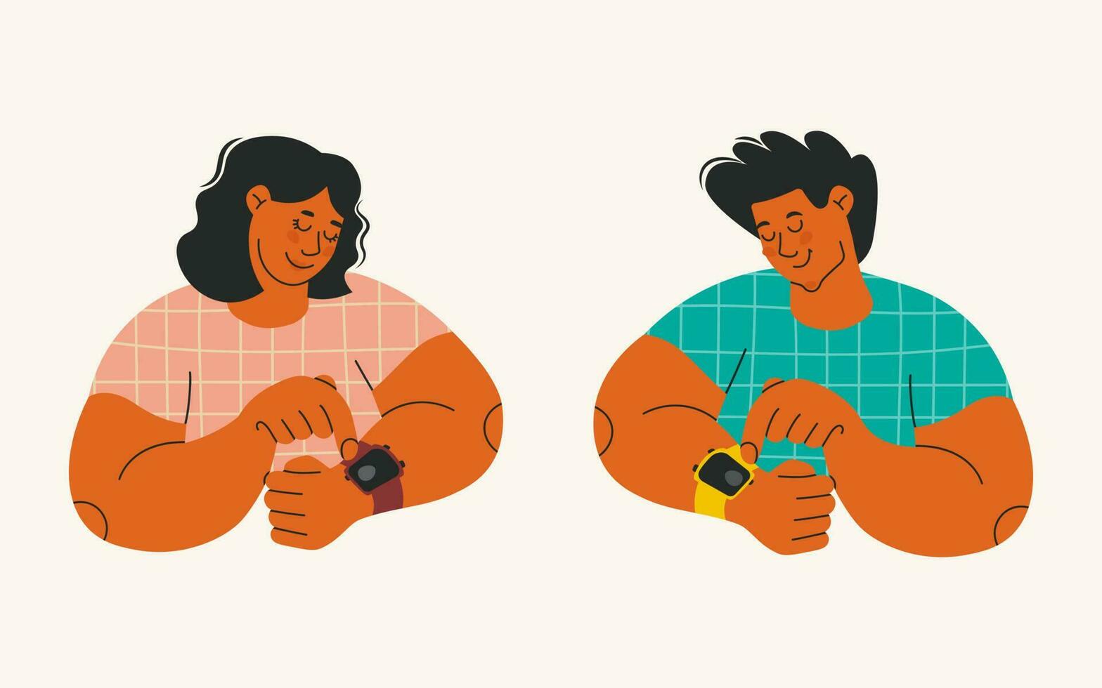 caracteres utilizar reloj inteligente y aptitud esposas. hombre y mujer mirando a reloj de pulsera. elementos para diseño. vector ilustración.