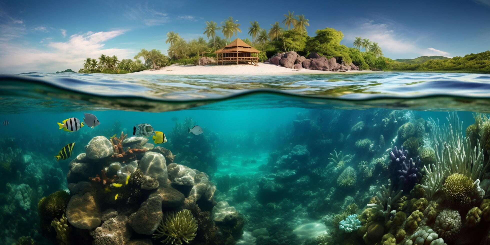 submarino ver de tropical isla con coral arrecife y arenoso playa con ai generado. foto