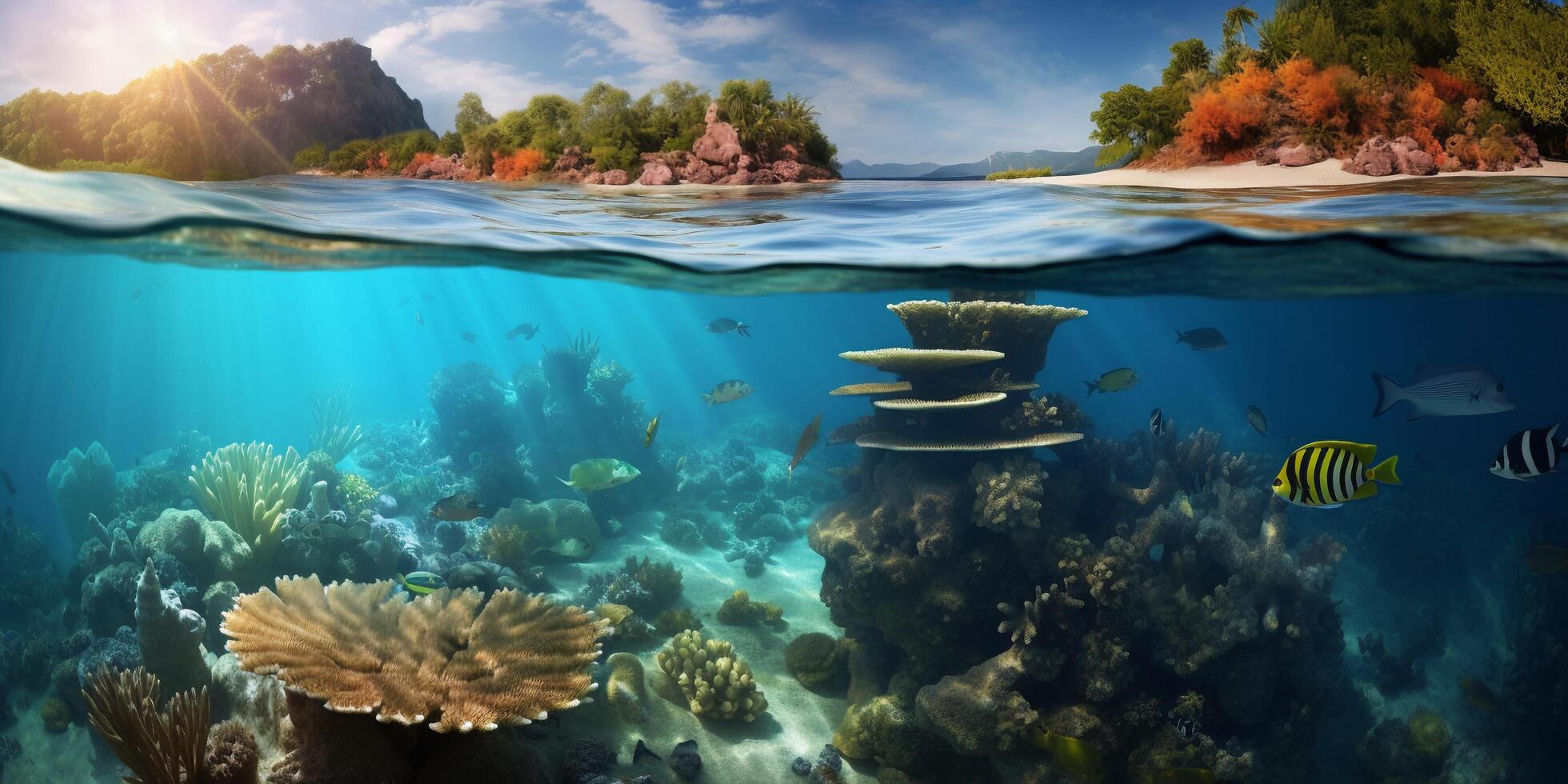 Underwater view of tropical island with coral reef and sandy beach with . photo