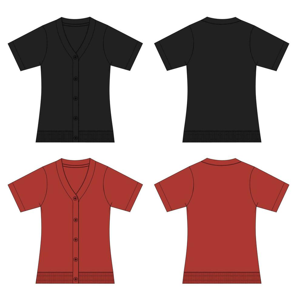 Cardigan technical drawing fashion flat sketch vector illustration black and red color template front and back isolated on white background