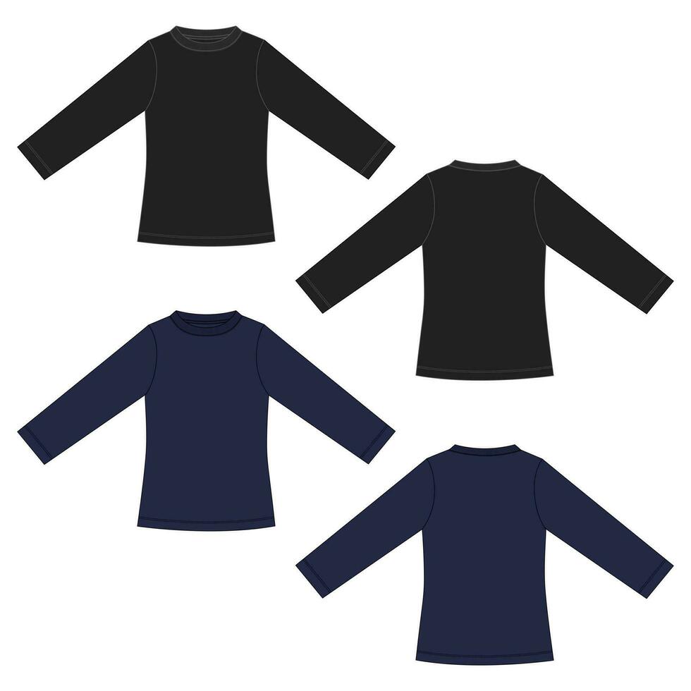 Long sleeve T shirt technical drawing fashion flat sketch vector illustration black and navy color template front and back views isolated on white background